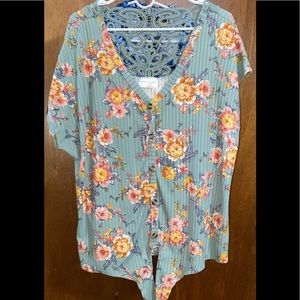 Women's Floral Boho Tie Front Lace Detail Top Plus
